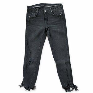 ZARA Studded Skinny Jeans – Size 2/34 – Black Distressed Denim – Edgy Punk Style